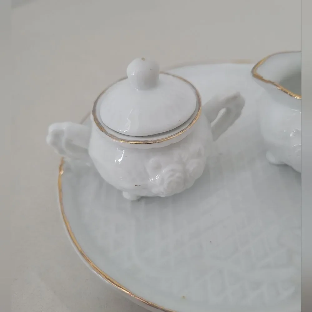 Micro Porcelain Tea Set Display White Gold Trim Tea Party Dollhouse Mini Size